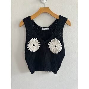 Zara Women’s Flower Crochet Knit Classic Black Tank Top Sz S